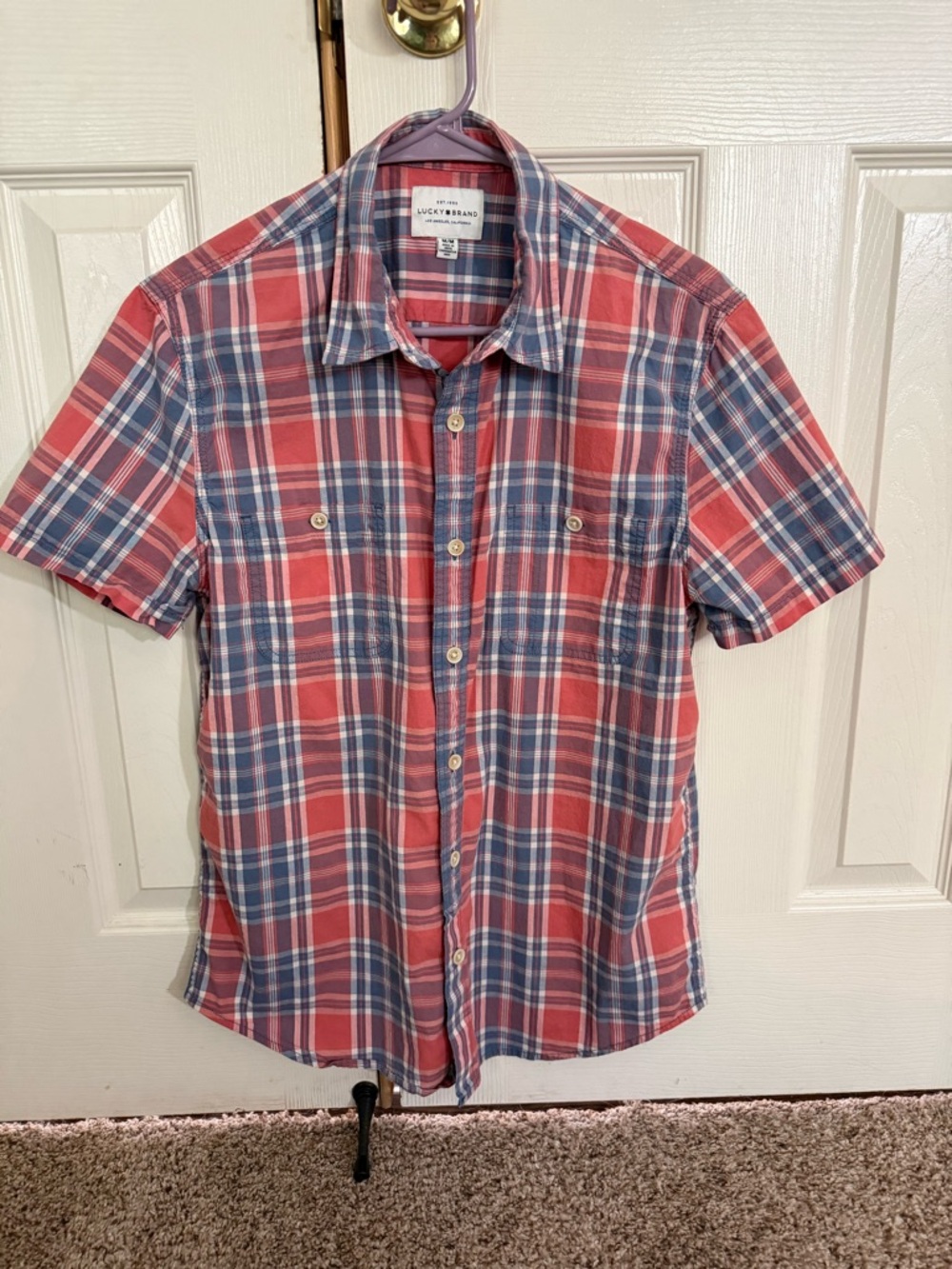Lucky Brand Red and Blue Plaid Short Sleeve Button-Up Shirt